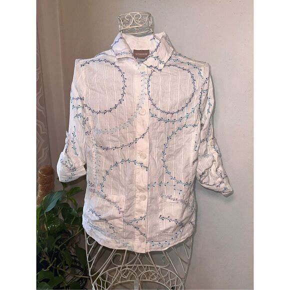 WOMEN Chico’s size 0 (US SIZE XS) blue/white Paisley quarter sleeve shirt button - Picture 2 of 8